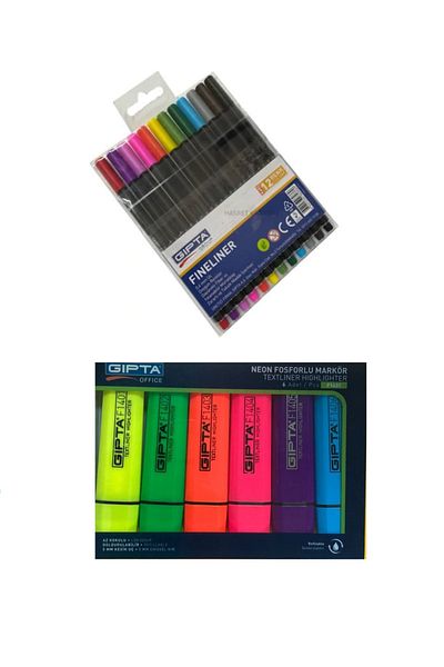 Gıpta 6 Colors Neon Highlighter Pen + 12 Pieces Fineliner Set