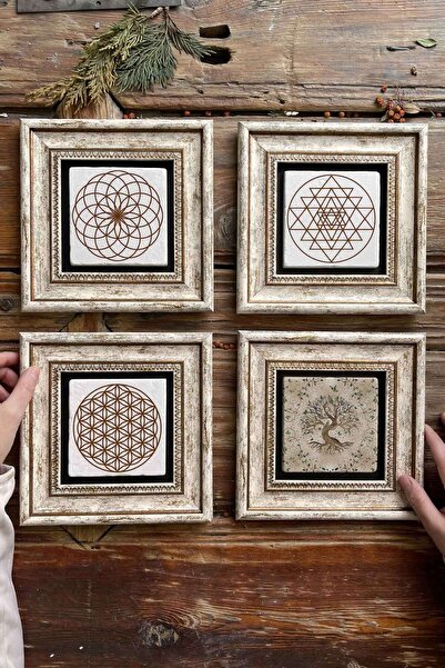 Oscar Stone Decor Çerçeveli Taş Tablo Duvar Dekoru 20x20cm 4'lü Set Yaşam Çiçeği Sri Yantra Torus