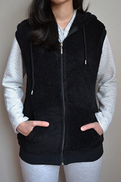 Jülyet Giyim Peluş Lastikli Bel Kısa Boy Kapüşonlu Fermuarlı Cepli Büyük Bede...