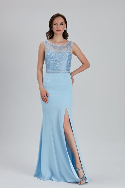 Neva Style Rochie de seara din satin albastru bebelus cu broderie de margele ...