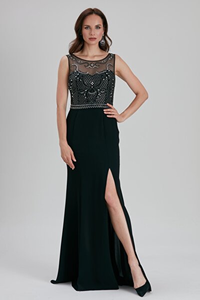 Neva Style Rochie de seară Bulava din satin negru cu broderie cu mărgele 43550s