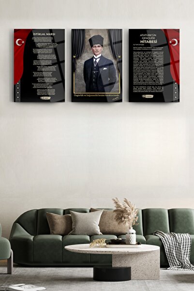 SRD Concept Atatürk 3'lü Set 3 Cam Tablo-atatürk Tablosu-türk Bayrağı Tablosu...