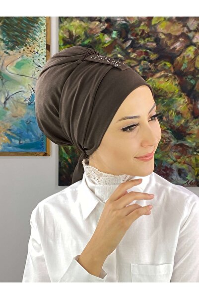 BUTİKAMBAR Hürrem Taşlı Koyu Kahve Bone Şal