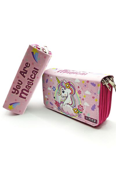 Limmy Μολυβοθήκη Unicorn Spring Themed Kawai Organizer Θήκη στυλό Vegan Δερμάτινη θήκη για στυλό τριών διαμερισμάτων - Ροζ