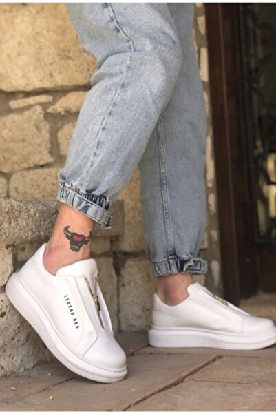 BOUIS Erkek Günlük Beyaz Fermuar Detaylı Yüksek Tabanlı Spor Ayakkabı Rahat Lüks Dayanıklı Sneakers