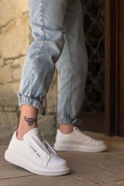 BOUIS Erkek Günlük Beyaz Fermuar Detaylı Yüksek Tabanlı Spor Ayakkabı Rahat Lüks Dayanıklı Sneakers