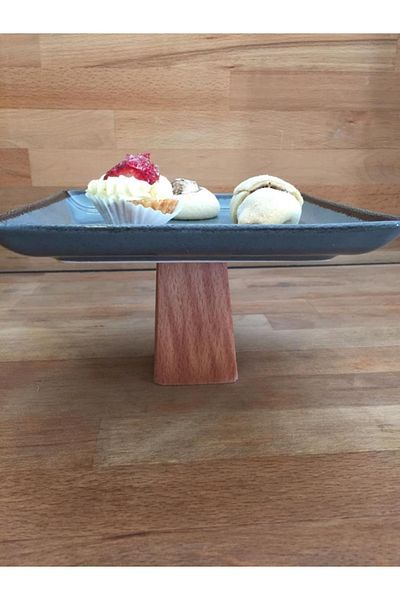 İkram Dünyası Wooden Round Leg Pearl Square 25 Cm Serving Plate Blue 9 Cm