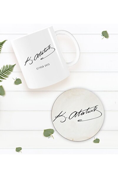 Bk Gift Kişiye Özel Atatürk Temalı Beyaz Kupa Bardak Ve Yuvarlak Ahşap Bardak...