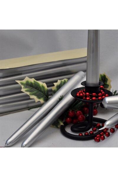 14Süs 4 Adet Gümüş Varaklı Gri Renk Silindir Konik Şamdan Mumu Sedefli Uzun I...