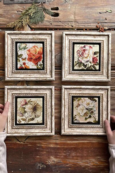 Oscar Stone Decor Çerçeveli Taş Tablo Duvar Dekoru 20x20cm 4'lü Set Rose Garden Dozen Roses