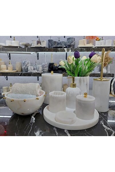 Sümeyra Marble Art Crystal White Golden - Doğal Beyaz Mermer Banyo Seti | 9lu...