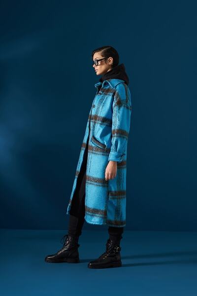 EBU Prive Γυναικείο μάλλινο μακρύ παλτό μπλε