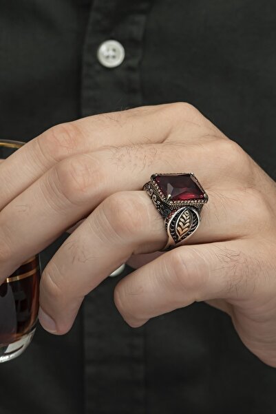 ALYANSEVİM Yaprak Desenli Kırmızı Taşlı 925 Gümüş Erkek Yüzük