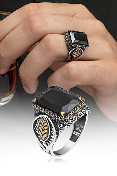 ALYANSEVİM Yaprak Desenli Siyah Taşlı 925 Gümüş Erkek Yüzük
