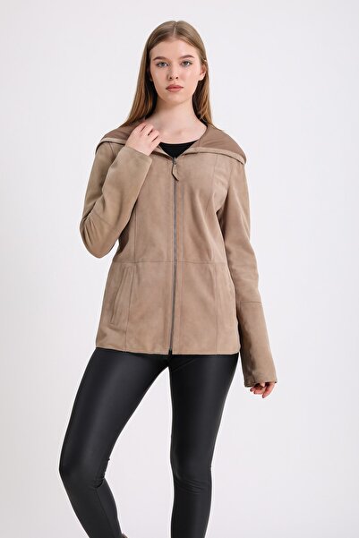 Leather Club Bej Çift Taraflı Kapüşonlu Süet Deri Mont