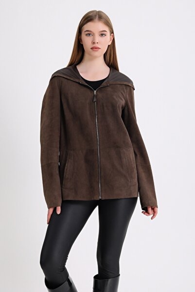 Leather Club Kahve Çift Taraflı Kapüşonlu Süet Deri Mont