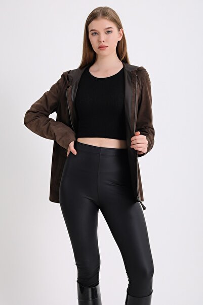 Leather Club Kahve Çift Taraflı Kapüşonlu Süet Deri Mont