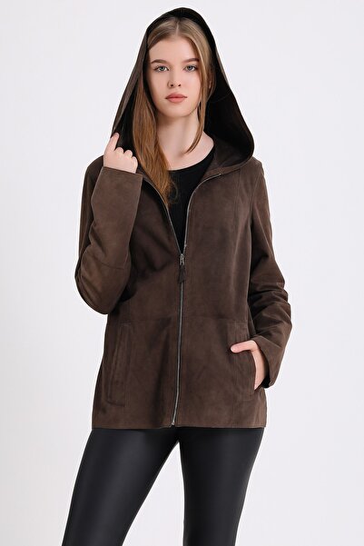 Leather Club Kahve Çift Taraflı Kapüşonlu Süet Deri Mont