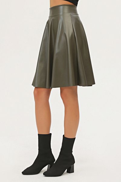KİM Kİ O Women's Flared Khaki Color Faux Leather Skirt