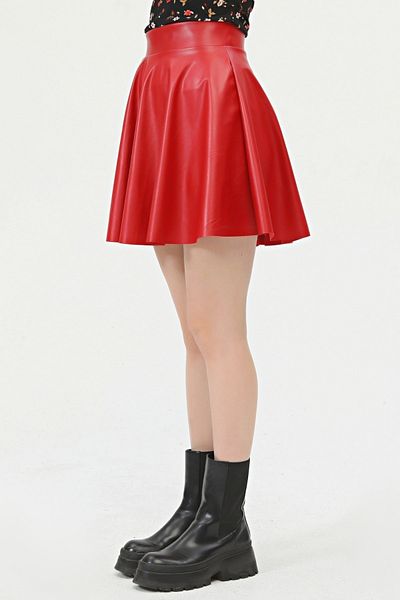 KİM Kİ O Women's Mini Flared Red Color Faux Leather Skirt
