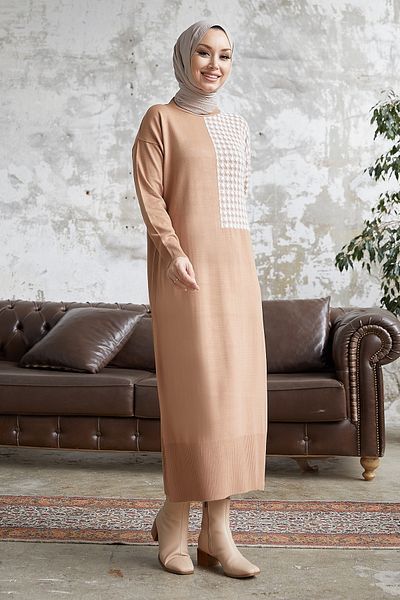 InStyle Amelya Sleeve Houndstooth Vzorované pletené šaty - Camel