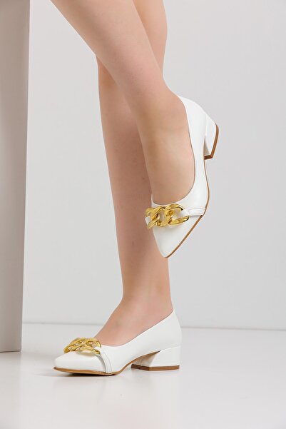 FORS SHOES White Leather Chain Buckle Heeled Shoes 3.5 Cm