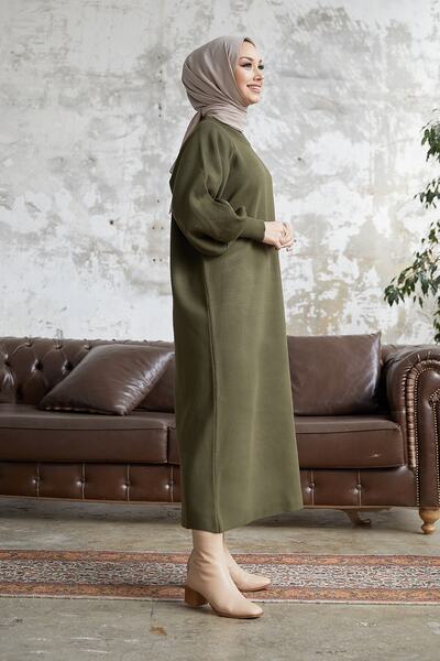 InStyle Mina Balon Kol Triko Elbise - Haki