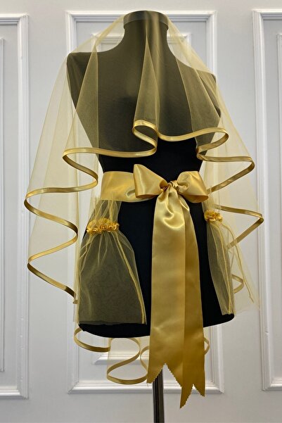 ZEYMERADE Gold Kına Duvağı, Gold Biyeli Gelin Duvak Seti