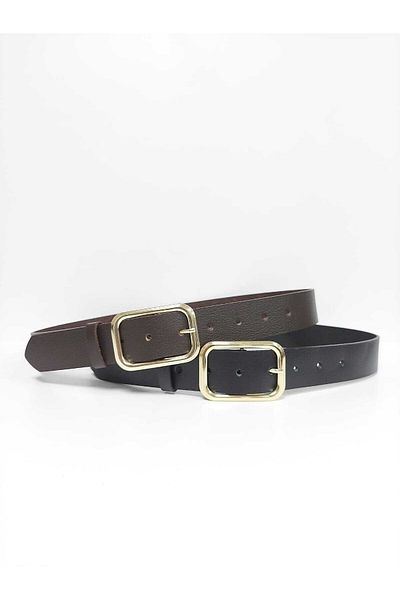 Kemerix 100% Genuine Leather Women's Black and Bitter Brown 2-Piece Belt with Gold Buckle