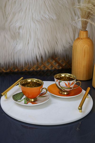 Gemboss Paşham Avm Round Gold Natural Marble Coffee Tray, Presentation Tray, Promise/Engagement Tray