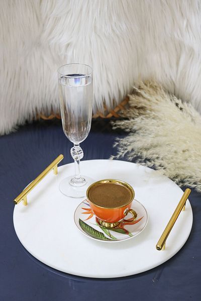 Gemboss Paşham Avm Round Gold Natural Marble Coffee Tray, Presentation Tray, Promise/Engagement Tray