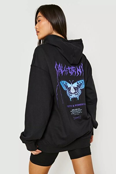 YUVEST Hanorac cu glugă unisex oversize Butterfly Graffiti imprimat Blackrock