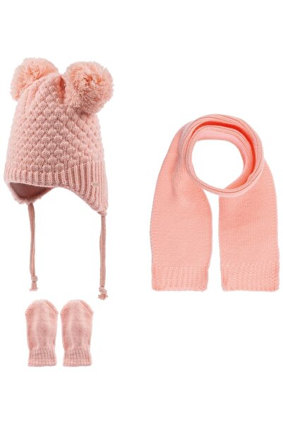 Kitti Kız Bebek Çift Ponponlu Bere Atkı Eldiven Seti K22150-04 Somon