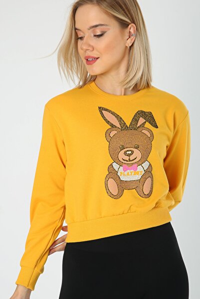 MADAME DREAM Kadın Taşlı Baskılı Sarı Bisiklet Yaka Sweatshirt