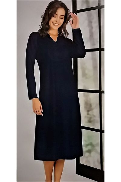 FLZ Cămașă de noapte cu mânecă lungă cu dantelă, albastru bleumarin