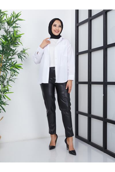Gül Moda Pantaloni de damă din piele cu talie elastică negru G097-1