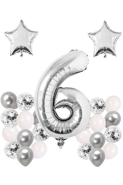 Bkmc Silver Concept Year Birthday Celebration Set White Silver Confetti Balloon Number Star Foil