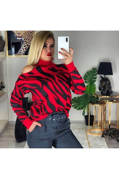 Esinty Women's Red Shoulder Detailed Patterned Knitwear Sweater