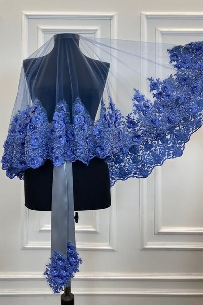 ZEYMERADE طقم حجاب زفاف باللون الأزرق النيلي، حجاب الحناء، موديل VIP