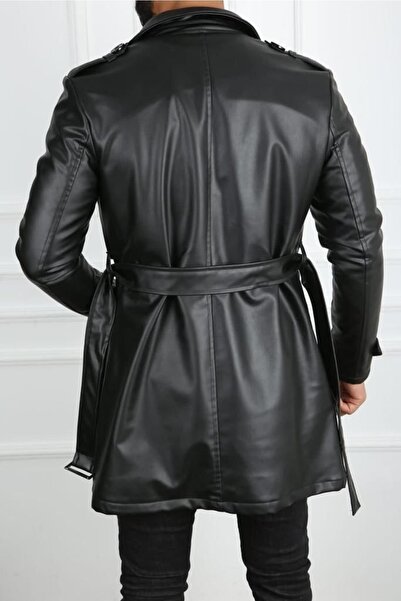 Zen And Men Fit Long Leather Trench Coat with Waist Belt