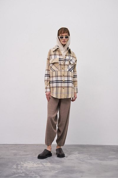 EBU Prive Women's Lumberjack Shirt Jacket Plaid Navy Blue Beige