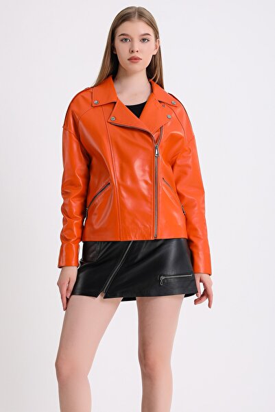 Leather Club Turuncu Oversize Deri Ceket