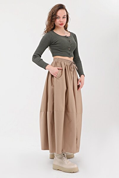 Atölye Güven Beige Long Elastic Waist Cotton Satin Balloon Design Skirt