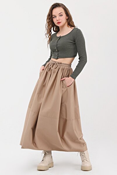 Atölye Güven Beige Long Elastic Waist Cotton Satin Balloon Design Skirt