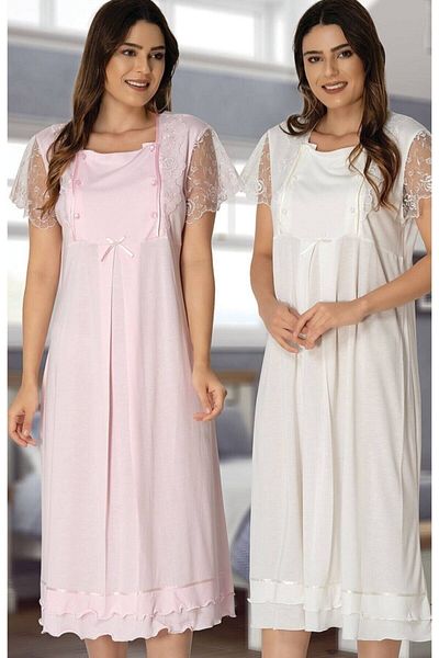 Effort Pijama Γυναικείο Σετ Νυχτικό εγκυμοσύνης με ροζ μανίκια δαντέλα Effortt 2052ep