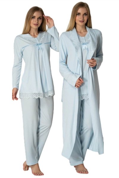 Effortt Blue Long Maternity Pajama Set with Dressing Gown