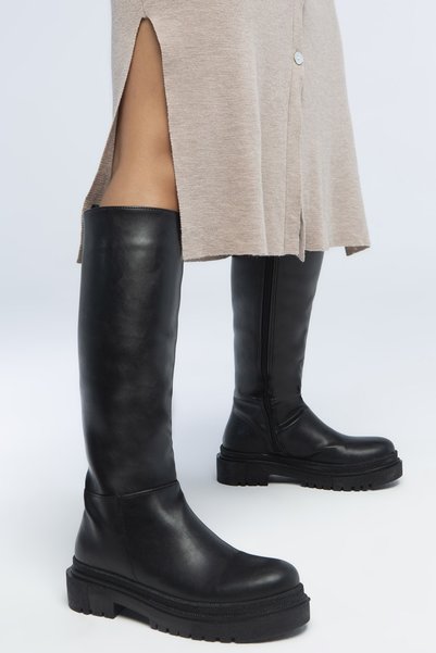 SİYA DERİ Dump Thick Tractor Sole Black Women's Boots