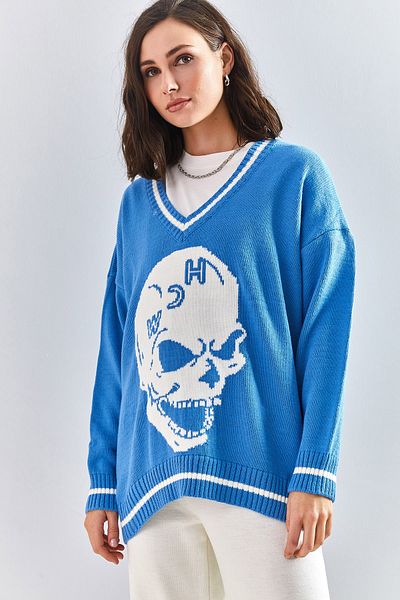 Bianco Lucci Damen-Cardigan mit Totenkopfmuster und Paspelierung und V-Ausschnitt