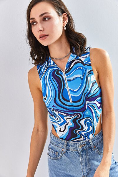 Bianco Lucci Kadın Yarım Balıkçı Yaka Fermuarlı Desenli Bluz