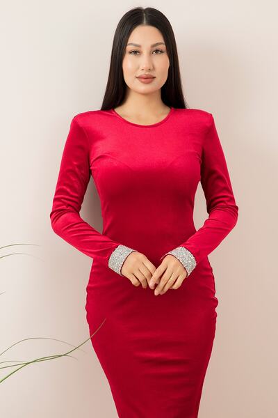 PULLIMM Kollar Taşlı Vatkalı Kadife Elbise 4280